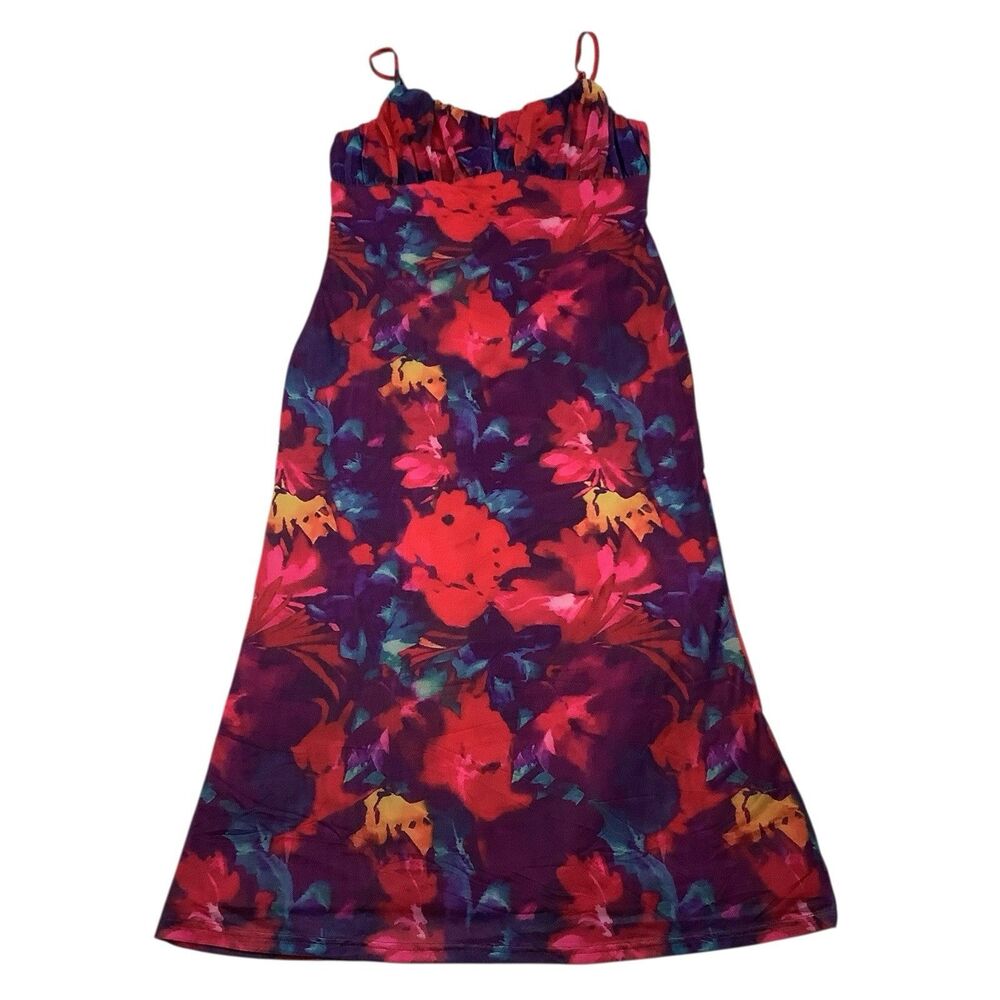 Pretty Garden Floral Red Mesh Bodycon Maxi Dress Spaghetti Strap Women L Resort - Picture 2 of 14